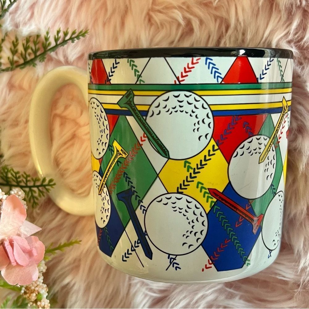 Vintage 90s Colorful Argyle Golf Balls & Tees Coffee Cup Flowers Inc. Balloons